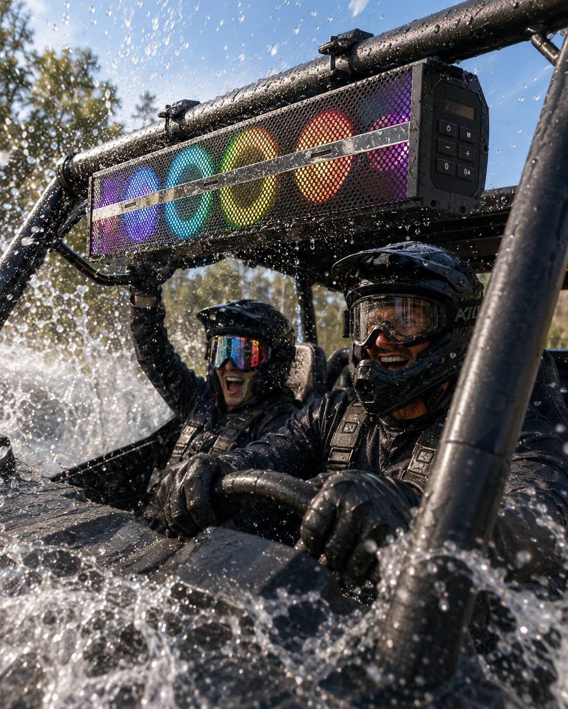 Marketing banner showing a waterproof UTV soundbar blasting music and RGB lights under heavy water splashes. Highlighting the durable mudproof and weather-resistant audio system for off-road side-by-side vehicles.
