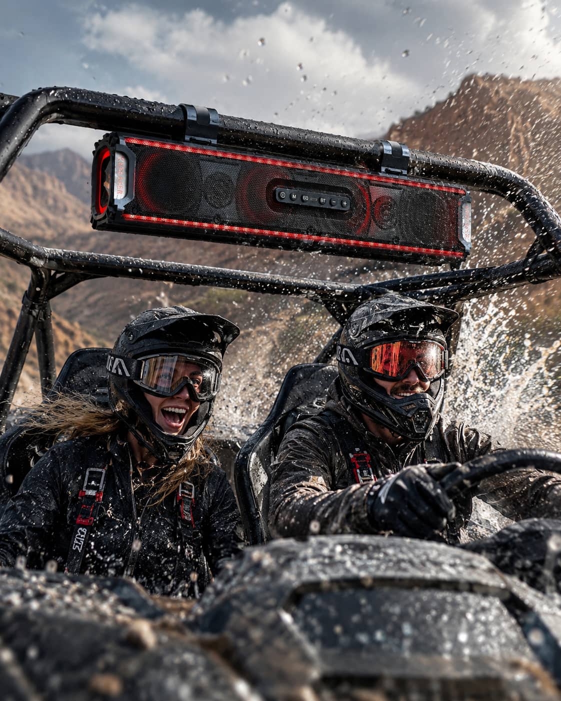 Marketing photo of a waterproof UTV soundbar surviving massive water splashes and mud during a rugged off-road ride. Highlighting the heavy-duty marine-grade sealed enclosure built for extreme all-weather trails.