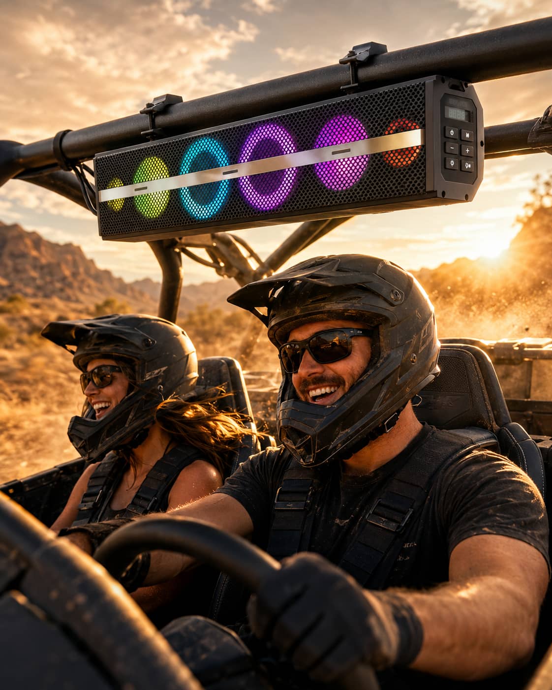 Marketing image of a waterproof UTV soundbar displaying vibrant RGB LED lights during a sunset ride. Highlighting the dynamic multicolor lighting system built for off-road side-by-side vehicle party vibes.