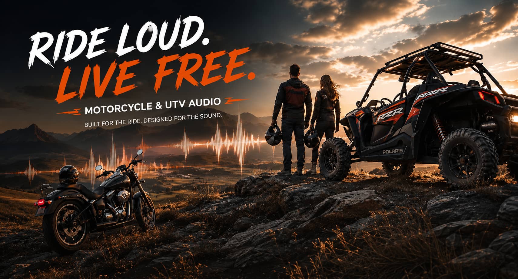 Two people standing on a rocky hill at sunset between a motorcycle and a Polaris RZR UTV. The image features orange soundwaves and text that reads "RIDE LOUD. LIVE FREE. MOTORCYCLE & UTV AUDIO."