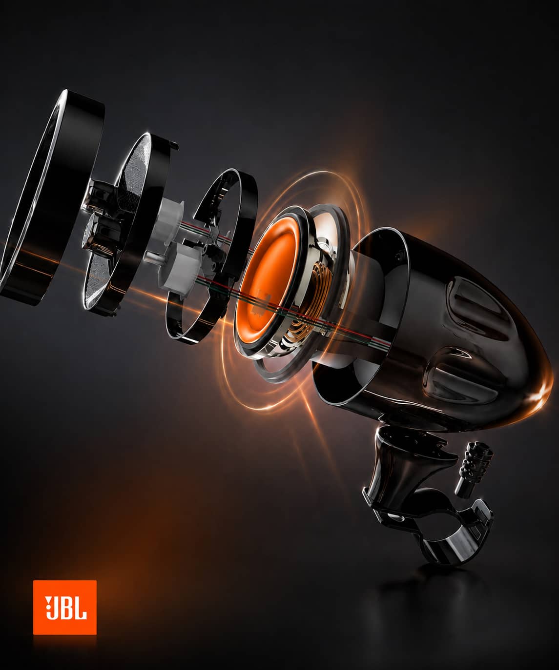 Exploded view of a premium Motorcycle  audio system, showcasing the high-performance internal JBL speakers and components