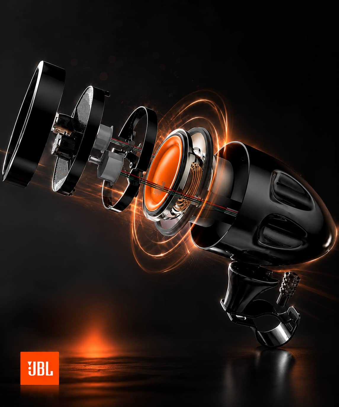 High-tech exploded view technical rendering of a motorcycle handlebar speaker powered by internal JBL technology, showing the precision audio engineering, internal components, and deep bass sound waves.