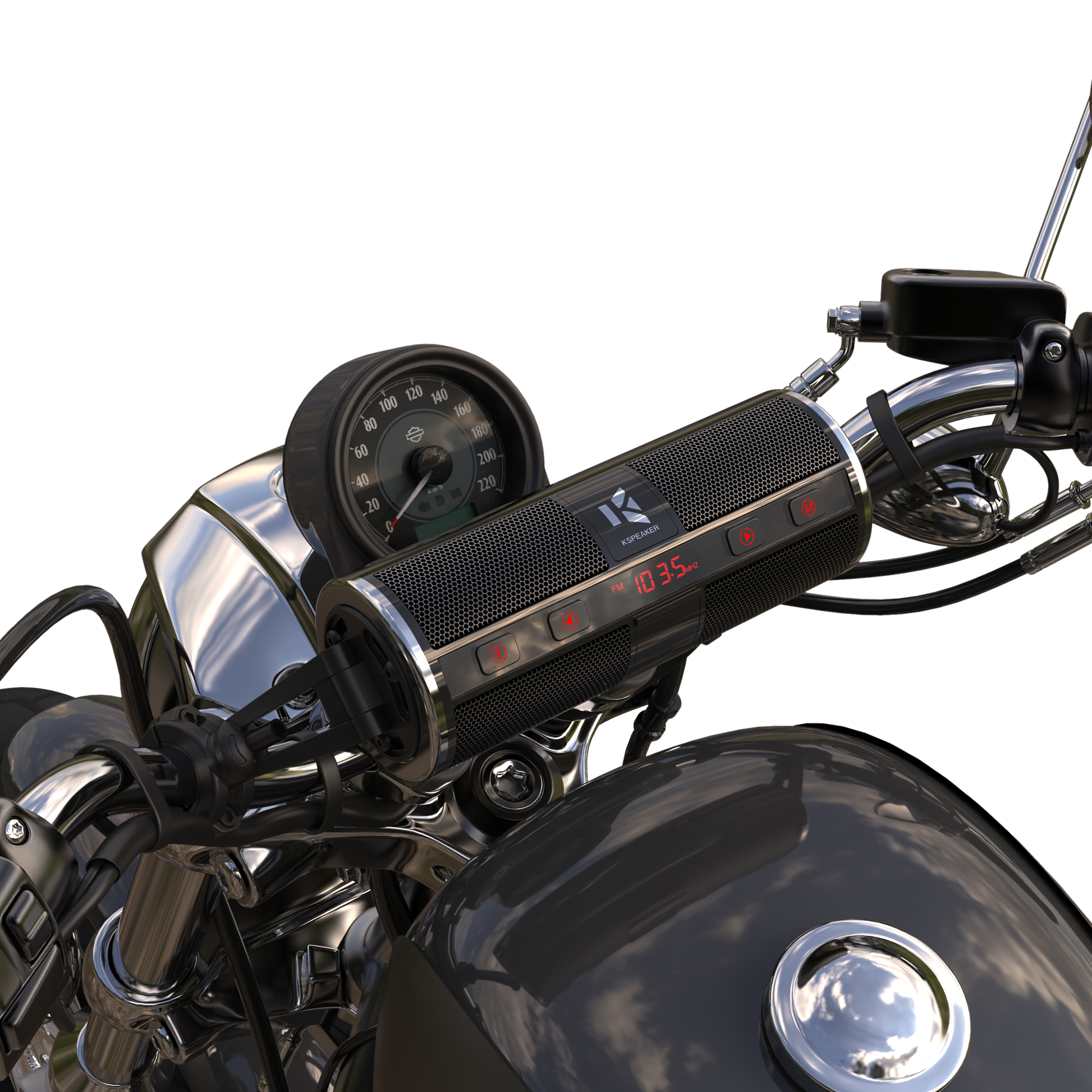 KSPEAKER K2 motorcycle handlebar speaker installed on a cruiser motorcycle