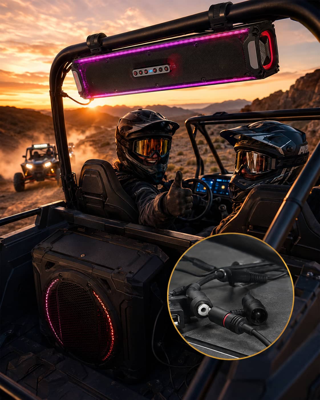 Close-up of the RCA output connector on a KSPEAKER UTV soundbar, showing how to connect an external subwoofer system for enhanced deep bass response during off-road side-by-side vehicle riding.
