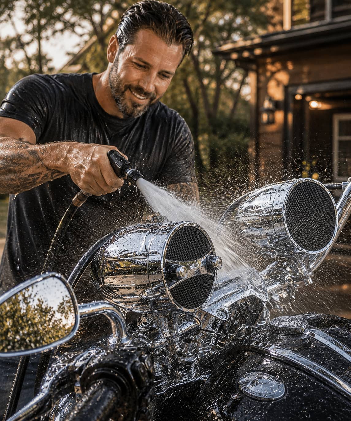 A man washing his bike, spraying water directly onto chrome motorcycle handlebar speakers. Demonstrating the premium weatherproof and waterproof audio system design built for cruiser motorcycles.