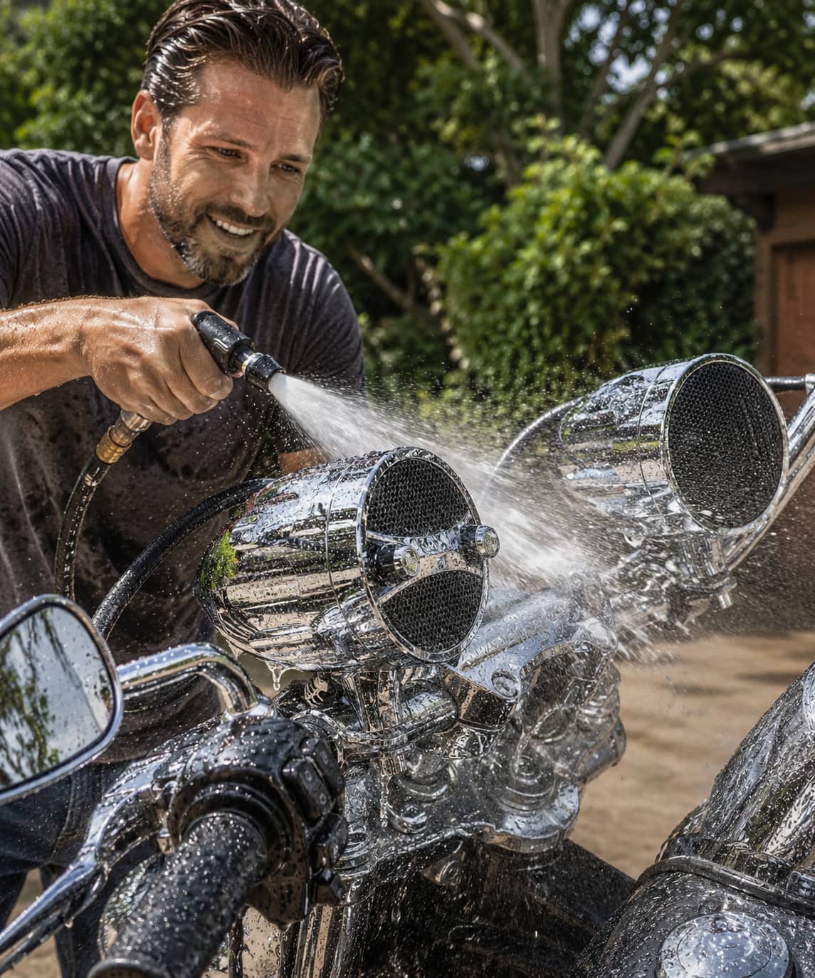 A smiling man washing his motorcycle outdoors, spraying water directly onto shiny, waterproof chrome handlebar speakers.