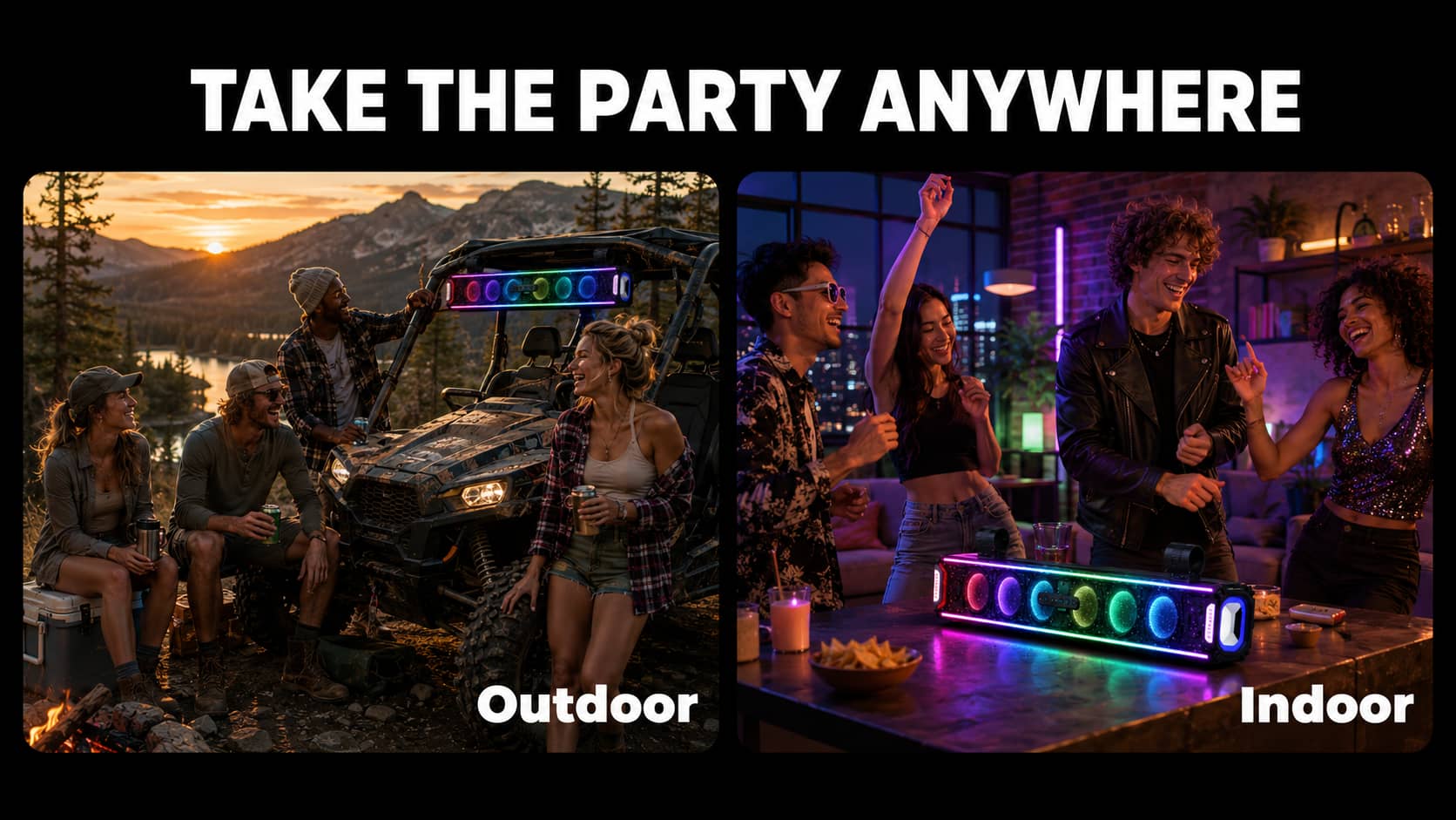 Split-screen marketing poster showing a waterproof UTV soundbar used for rugged outdoor trail riding and an indoor vibrant neon light social gathering. Highlighting highly versatile all-terrain party audio.