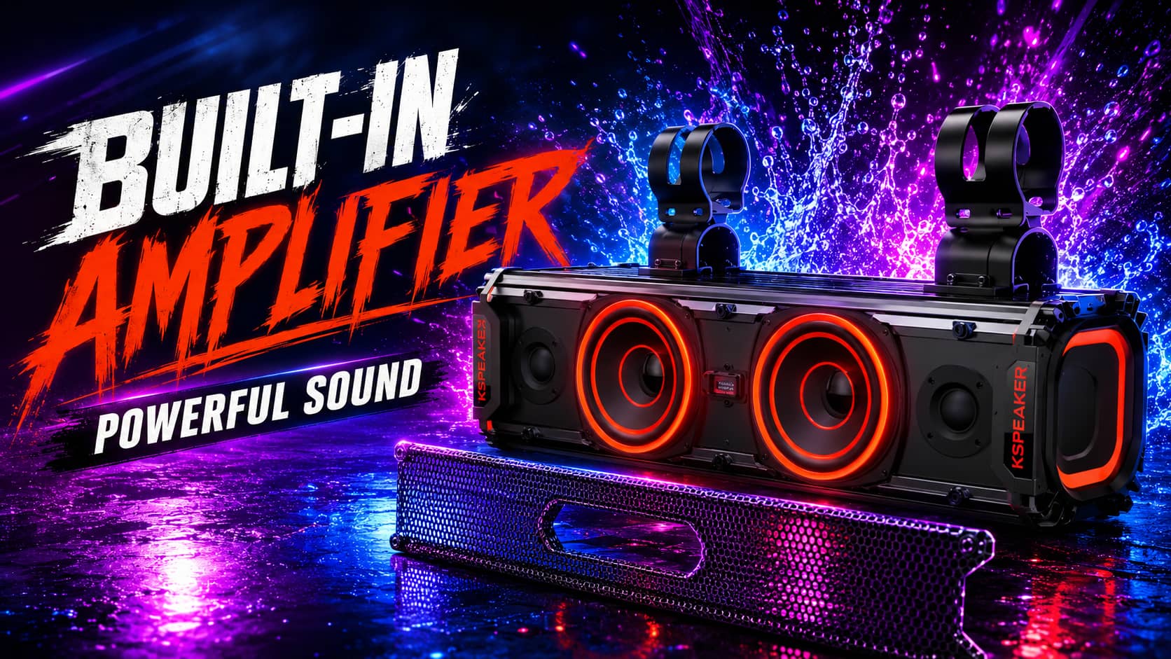 Marketing graphic of a waterproof UTV soundbar with front mesh removed, revealing red illuminated speakers and a heavy-duty built-in amplifier amid neon water splashes. Highlighting the powerful all-in-one off-road audio system.