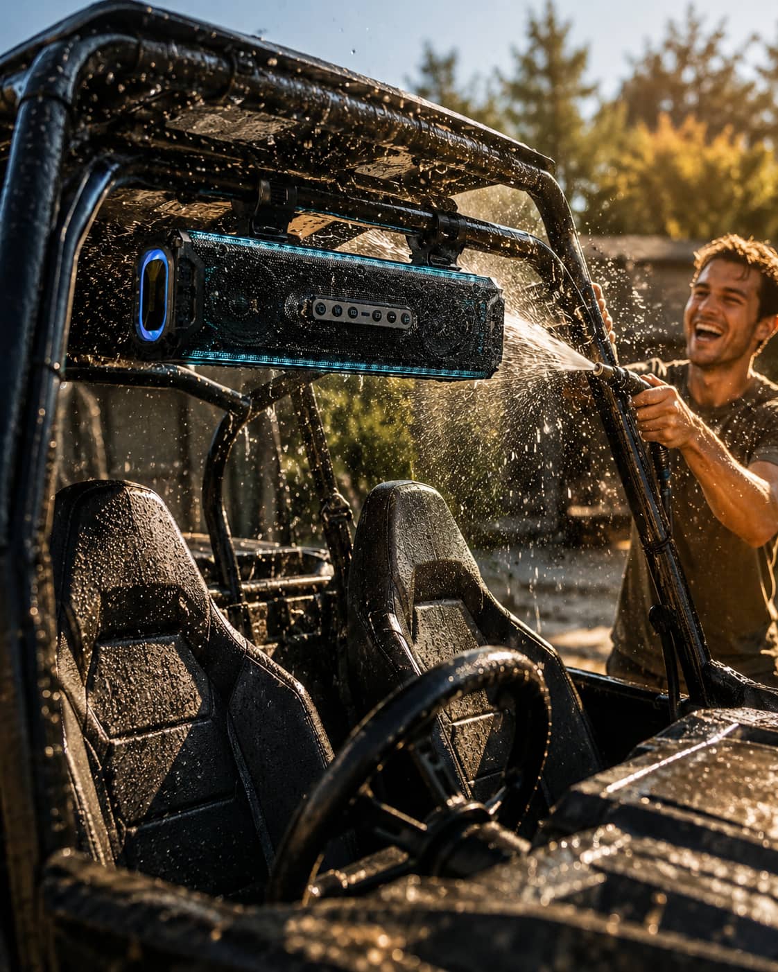 Marketing poster of a rider in an off-road SxS vehicle riding through a storm, with text 'WEATHERPROOF. RIDE THROUGH THE STORM.' The rugged UTV soundbar is mounted on the roll cage, ready for all-weather adventures.